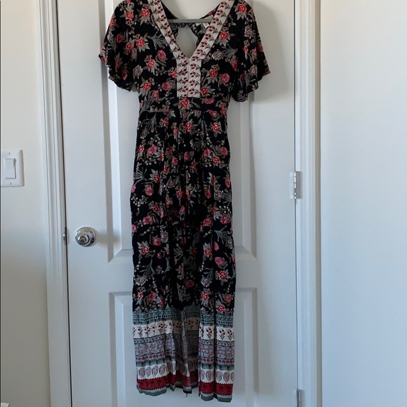 Francesca's Collections Pants - black floral romper with maxi overlay